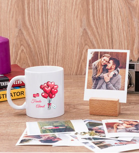 Sevgililere Özel Balon Tasarım Beyaz Kupa Bardak ve Ahşap Standlı Polaroid Set