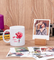 Sevgililere Özel Balon Tasarım Beyaz Kupa Bardak ve Ahşap Standlı Polaroid Set