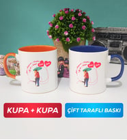 İkili Sevgiliye Sevgililer Günü Hediyesi 3 Kupa Bardak Turuncu Lacivert