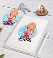 BK Gift Kişiye Özel Kadın Aşçı Karikatürlü Beyaz Defter Kalem ve Anahtarlık Hediye Seti-1 (Model 1)