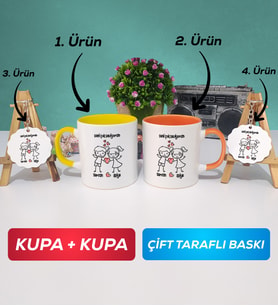 İkili Sarı Turuncu Kişiye Özel Sevgililer Günü Hediyesi Kupa Bardak Anahtarlık Hediye Seti