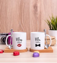 Mr Mrs Tasarımlı Ahşap Altlıklı İkili Beyaz Kupa Bardak