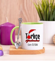 Türkçe Öğretmeni Ahşap Altlıklı Yeşil Kupa Bardak
