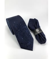 PİERRONİ LACİVERT ŞAL DESEN MENDİLLİ KRAVAT