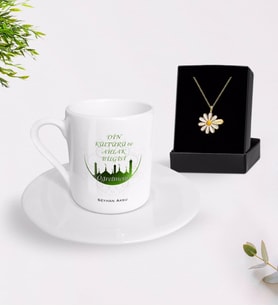 BK Gift Kişiye Özel Din Kültürü ve Ahlak Bilgisi Öğretmeni Türk Kahvesi Fincanı ve İsimli Papatya Kolye Hediye Seti (Model 1)