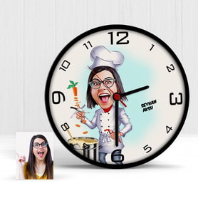BK Gift Kişiye Özel Chef Karikatür Ahşap Duvar Saati  2