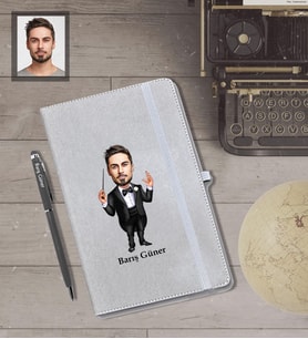 Kişiye Özel Orkestra Şefi Karikatürlü Gri Defter Kalem Hediye Seti   Bay-1