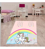 Unicorn Desenli Dijital Baskı Yıkanabilir Kaymaz Taban Çocuk Odası Halısı  (Pembe)