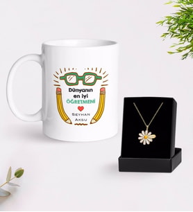BK Gift Kişiye Özel Dünyanın En İyi Öğretmeni Beyaz Kupa ve Papatya Kolye Hediye Seti-22 (Model 1)
