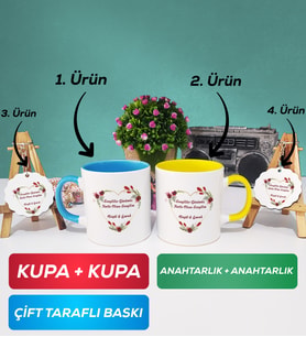 İkili Mavi Sarı Sevgiliye Sevgililer Günü Hediyesi 13 Kupa Bardak Anahtarlık