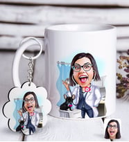 BK Gift Kişiye Özel Bayan Veteriner Hekim Karikatürlü Beyaz Kupa ve Anahtarlık Hediye Seti-1 (Model 1)