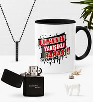 BK Gift Kişiye Özel Dünyanın En Yakışıklı Babası Siyah Kupa Benzinli Çakmak Kolye Seti-1 (Model 1)
