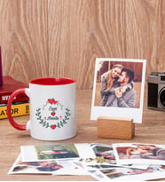 Sevgiliye Hediye İsim ve Kalpli Kırmızı Kupa ve Ahşap Standlı Polaroid Set