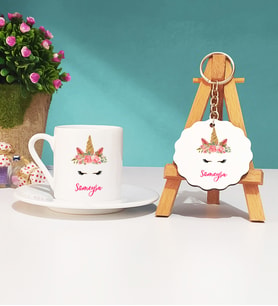 Unicorn Tasarımlı Hediye Kişiye Özel Unicorn Türk Kahvesi Fincanı ve Anahtarlık Hediye Seti