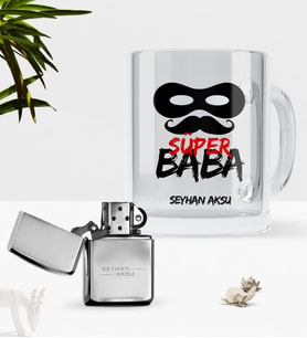 BK Gift Kişiye Özel Süper Baba Cam Kupa Bardak Benzinli Metal Çakmak Seti-4 (Model 1)