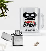 BK Gift Kişiye Özel Süper Baba Cam Kupa Bardak Benzinli Metal Çakmak Seti-4 (Model 1)