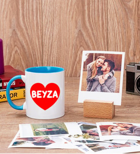 İsim Yazılı Kalpli Mavi Kupa Bardak ve Ahşap Standlı Polaroid Set