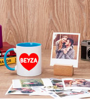 İsim Yazılı Kalpli Mavi Kupa Bardak ve Ahşap Standlı Polaroid Set