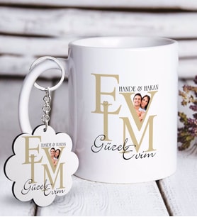 BK Gift Kişiye Özel Evim Güzel Evim Beyaz Kupa ve Anahtarlık Hediye Seti-2 (Model 1)