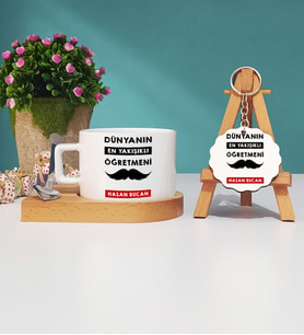 Dünyanın En Yakışıklı Öğretmeni Ahşap Altlıklı Fincan ve Anahtarlık Seti