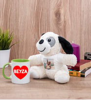 Sevgiliye Hediye İsim Yazılı Kalpli Yeşil Kupa Bardak ve Peluş Köpek