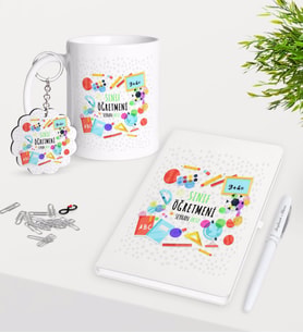 BK Gift Kişiye Özel Sınıf Öğretmeni Kupa Anahtarlık Beyaz Defter Kalem Hediye Seti-10 (Model 1)