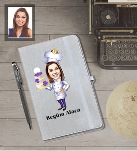 Kişiye Özel Pastacı Karikatürlü Gri Defter Kalem Hediye Seti  Bayan-1