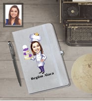 Kişiye Özel Pastacı Karikatürlü Gri Defter Kalem Hediye Seti  Bayan-1