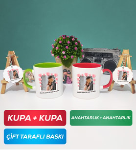 İkili Yeşil Kırmızı Sevgiliye Sevgililer Günü Hediyesi 12 Kupa Bardak Anahtarlık