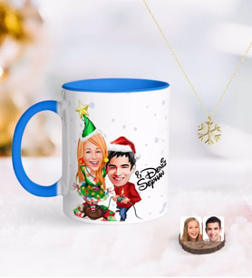 BK Gift Kişiye Özel Yeni Yıl Sevgililer Karikatürlü Mavi Kupa ve Kar Tanesi Kolye-1 (Model 1)