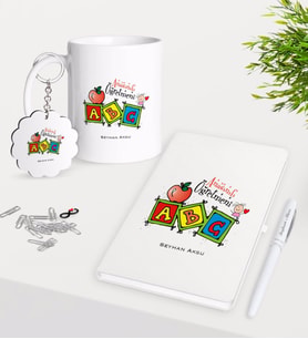 BK Gift Kişiye Özel Anasınıfı Öğretmeni Kupa Anahtarlık Beyaz Defter Kalem Hediye Seti-1 (Model 1)
