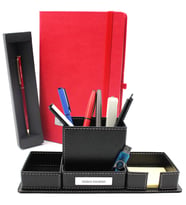 Kişiye Özel Kırmızı Defter & Gold Detaylı Tükenmez Kalem & Masaüstü Kalemlik Hediye Seti (Model 1)