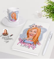 BK Gift Kişiye Özel Pamuk Prenses Karikatürlü Beyaz Defter Kalem Türk Kahvesi Fincanı Seti-2 (Model 1)