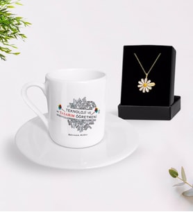BK Gift Kişiye Özel Teknoloji ve Tasarım Öğretmeni Türk Kahvesi Fincanı ve İsimli Papatya Kolye Hediye Seti (Model 1)