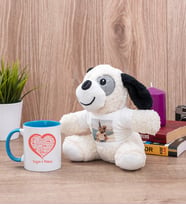Sevgiliye Hediye Kalpli Mavi Kupa Bardak ve Peluş Köpek