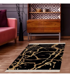 Mermer Desenli Dijital Baskı Yıkanabilir Kaymaz Taban Salon Halı ve Yolluk (Gold)
