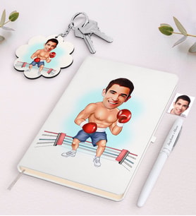 BK Gift Kişiye Özel Erkek Boksör Karikatürlü Beyaz Defter Kalem ve Anahtarlık Hediye Seti (Model 1)