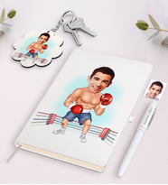BK Gift Kişiye Özel Erkek Boksör Karikatürlü Beyaz Defter Kalem ve Anahtarlık Hediye Seti (Model 1)
