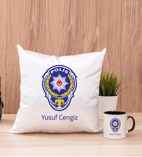 Polis Logolu Kare Yastık ve Siyah Kupa Bardak