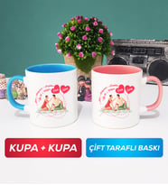 İkili Sevgiliye Sevgililer Günü Hediyesi 5 Kupa Bardak Mavi Pembe