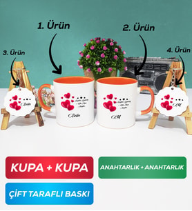 İkili Turuncu Sevgililer Günü Hediyesi Kupa Bardak Anahtarlık
