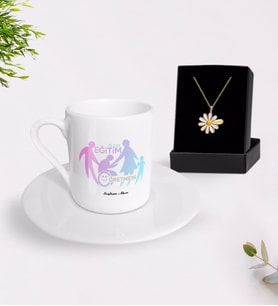 BK Gift Kişiye Özel Özel Eğitim Öğretmeni Türk Kahvesi Fincanı ve İsimli Papatya Kolye Hediye Seti-2 (Model 1)
