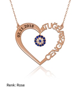 Nazarlı İsimli Kişiye Özel Kalp Rose Gümüş Kolye