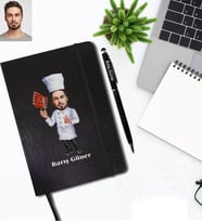 Kişiye Özel Aşçı Karikatürlü Siyah Defter Kalem Hediye Seti Bay-4