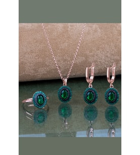 Gümüş Elmas Kesim Zirkon Taşlı Oval Tasarım Günlük Abiye Set (Rose)