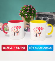 İkili Sevgiliye Sevgililer Günü Hediyesi 4 Kupa Bardak Kırmızı Sarı