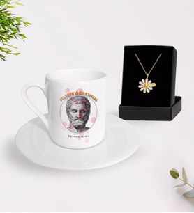 BK Gift Kişiye Özel Felsefe Öğretmeni Türk Kahvesi Fincanı ve İsimli Papatya Kolye Hediye Seti-1 (Model 1)