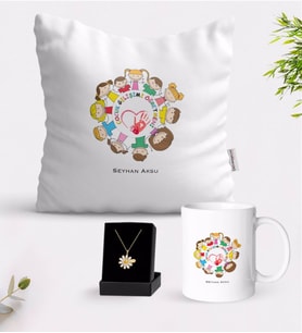 BK Gift Kişiye Özel Çocuk Gelişimi Öğretmeni Beyaz Kupa Yastık ve İsimli Papatya Kolye Hediye Seti-1 (Model 1)
