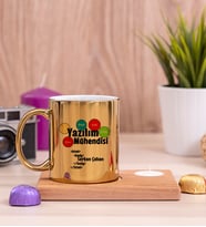 Yazılım Mühendisi Ahşap Altlıklı Mumlu Gold Kupa Bardak