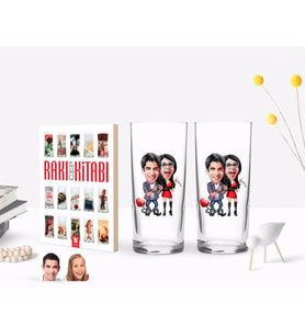 BK Gift Kişiye Özel Renkli Baskılı Sevgililer Karikatürlü İkili Rakı Bardağı ve Rakı Cep Kitabı Hediye Seti-1 (Model 1)